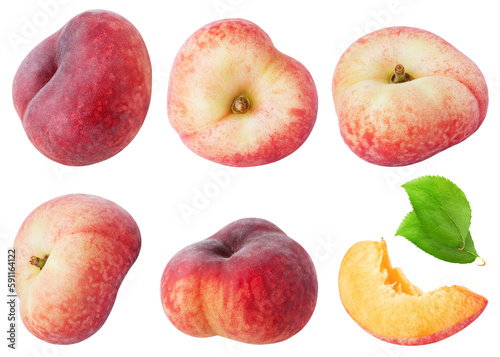 Isolated flat peaches. Collection of round (donut) peach fruit in different angles with leaves isolated on white background with clipping path