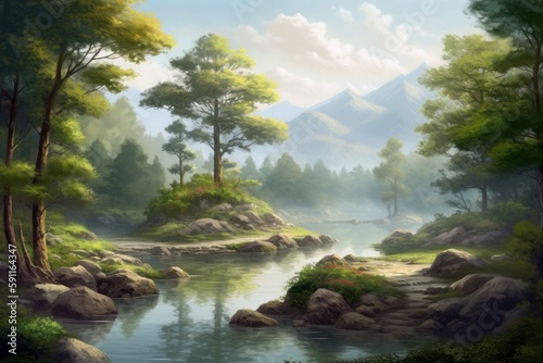a peaceful and serene landscape that includes a blend of nature elements, such as mountains, forests, and rivers, for meditation, Generative AI