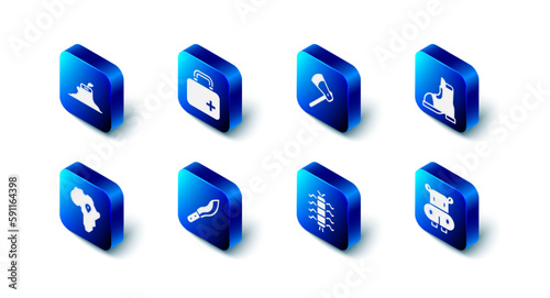 Set First aid kit, Wooden axe, Hunter boots, Hippo or Hippopotamus, Centipede insect, Machete, Map of Africa and Tree stump icon. Vector