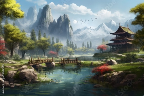 a peaceful and serene landscape that includes a blend of nature elements, such as mountains, forests, and rivers, for meditation, Generative AI