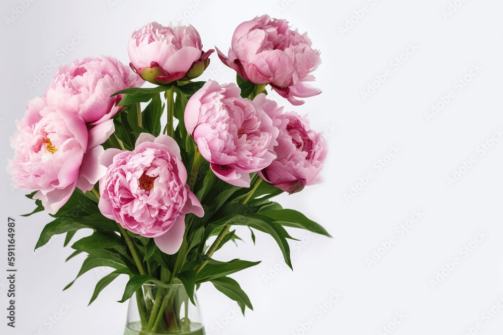 Natural flowers are pink peonies with green leaves on a white background. Generative AI, generative artificial intelligence Natural flowers are pink peonies with green leaves on a white background. Generative AI, generative artificial intelligence