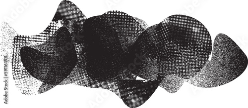 Glitch distorted grungy abstract forms . Blob shape organic. Template for presentation, banner . Fluid isolated shape .Grunge textured . Liquid vector shapes with halftone dots .Screen print texture