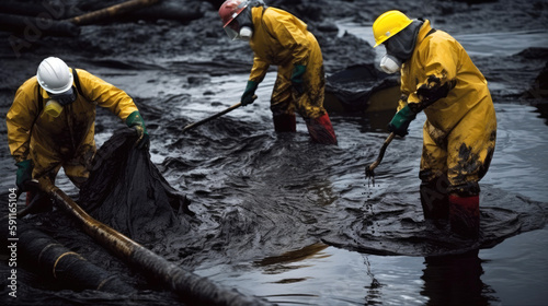 Cleaning Up After an Oil Spill. Workers in protective gear cleaning up oil spills from ship. Generative AI photo
