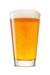 Glass of fresh golden-colored beer with cap of foam isolated on white background.