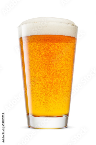 Glass of fresh golden-colored beer with cap of foam isolated on white background.