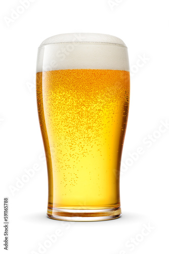 Tulip pint glass of fresh golden-colored beer with cap of foam isolated on white background.