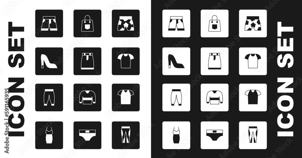 Set Swimming trunks, Skirt, Woman shoe, Short or pants, T-shirt, Handbag, and Pants icon. Vector Set Swimming trunks, Skirt, Woman shoe, Short or pants, T-shirt, Handbag, and Pants icon. Vector