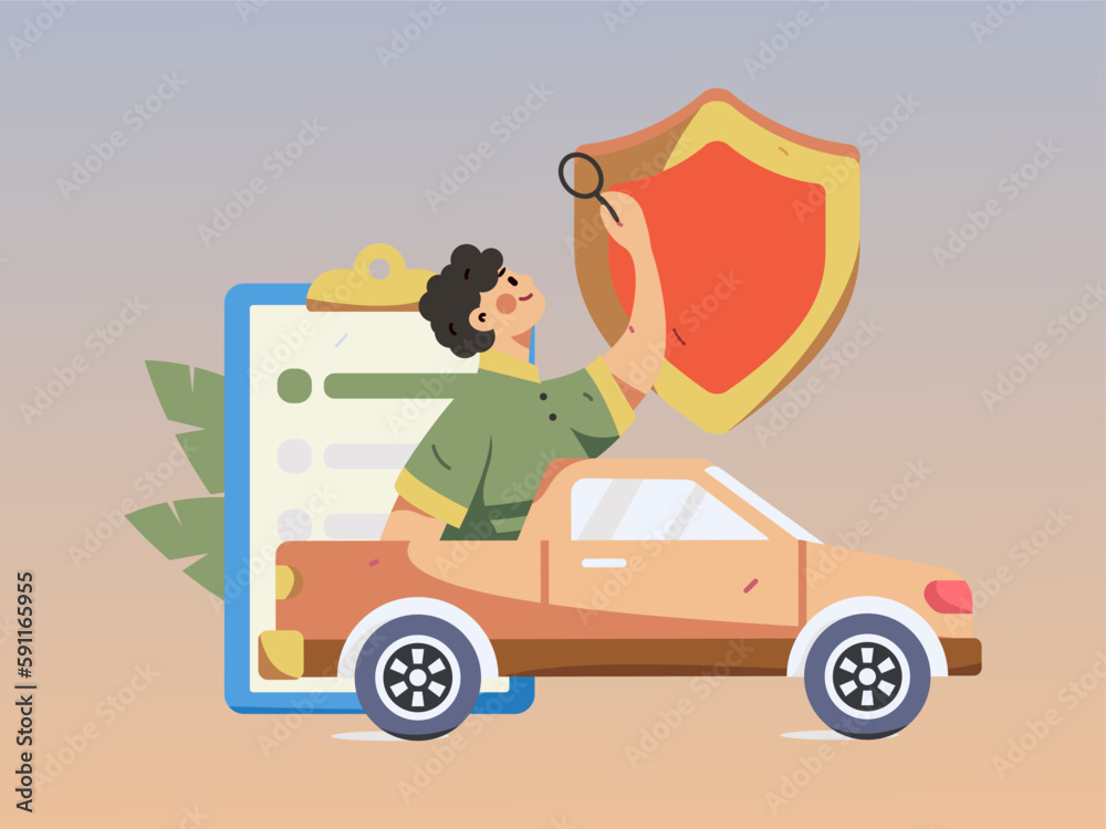 Fototapeta premium Buy insurance for car flat character vector concept operation hand drawn illustration