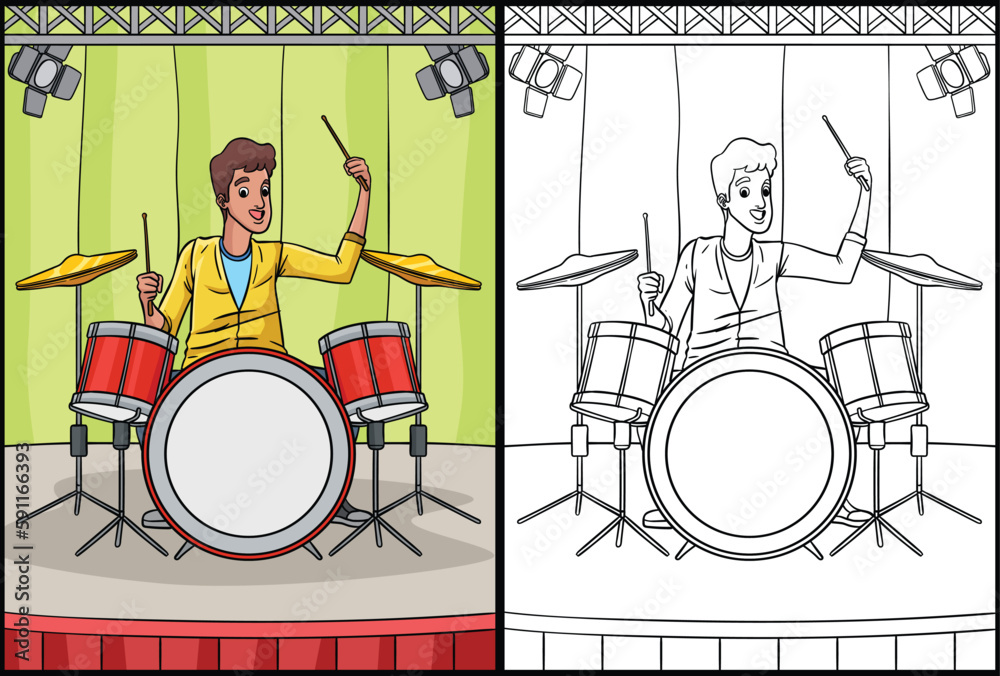Drummer Coloring Page Colored Illustration