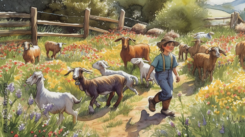 Fotografie, Tablou child goatherd herds his goats at grass valley with flowers Generative AI