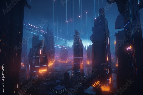 A futuristic cityscape with holographic advertisements, Generative AI