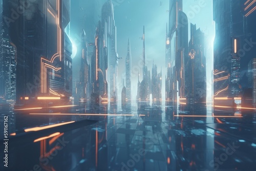 A futuristic cityscape with holographic advertisements, Generative AI