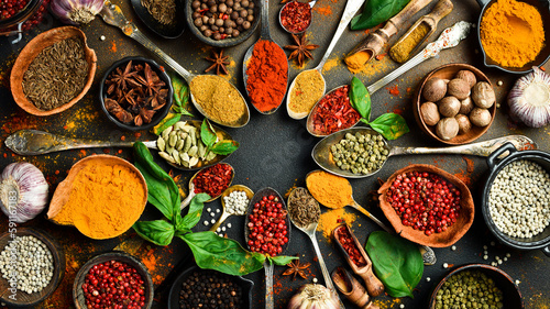 Fototapeta Naklejka Na Ścianę i Meble -  Colorful herbs and spices in spoons for cooking. Indian spices. On the background of black stone. Top view.