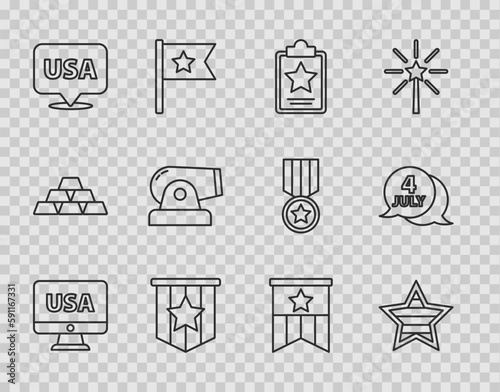 Set line USA on monitor, Independence day, American flag, Cannon, and icon. Vector