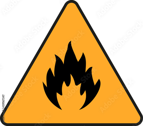 Flammable sign, flame pictogram. Orange triangle framed by a black line vector icon