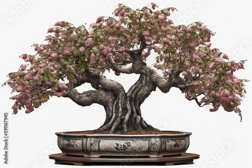 Japanese flowering cherry bonsai tree isolated on transparent background, generative ai