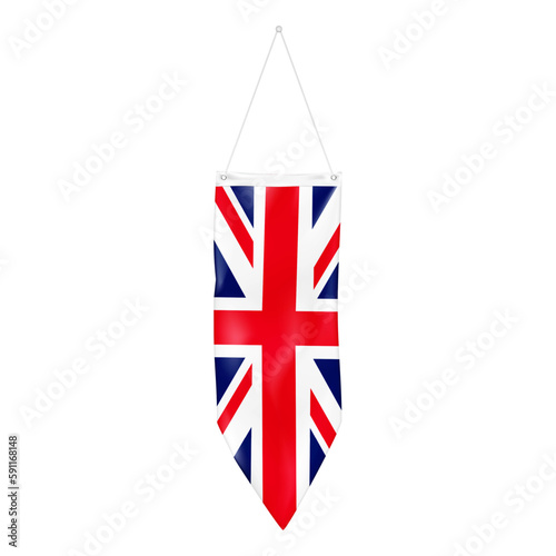 Single pennant flag of Great Britain on string. Hanging textile United Kingdom flag isolated on white background realistic vector