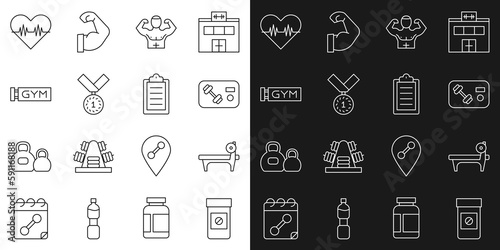 Set line Anabolic drugs, Bench with barbel, Fitness club, gym card, Bodybuilder muscle, Medal, Location, Heart rate and Sport training program icon. Vector