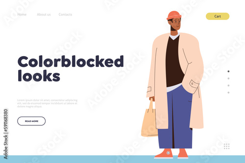 Colorblocked looks landing page design template with fashion guy model wearing trendy outfit
