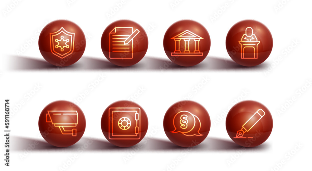 Set line Police badge, Security camera, Judge, Law, Safe, Document and pen, Fountain nib and Courthouse building icon. Vector Set line Police badge, Security camera, Judge, Law, Safe, Document and pen, Fountain nib and Courthouse building icon. Vector
