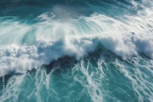 Aerial top view of a big ocean waves in a beach. Nature background. Generative AI