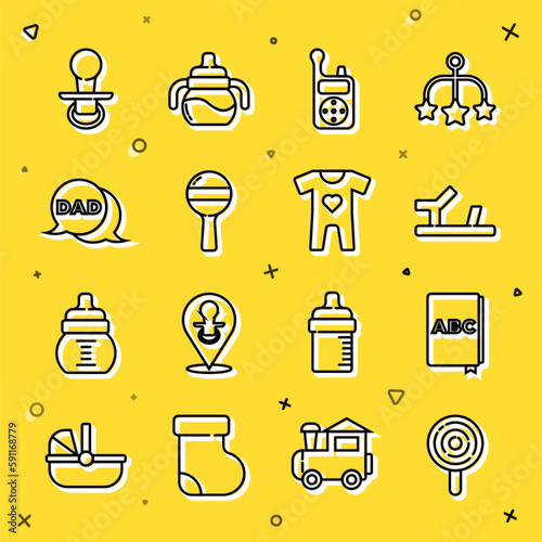 Set line Lollipop, ABC book, Baby shoes, Monitor Walkie Talkie, Rattle baby toy, Speech bubble dad, dummy pacifier and clothes icon. Vector