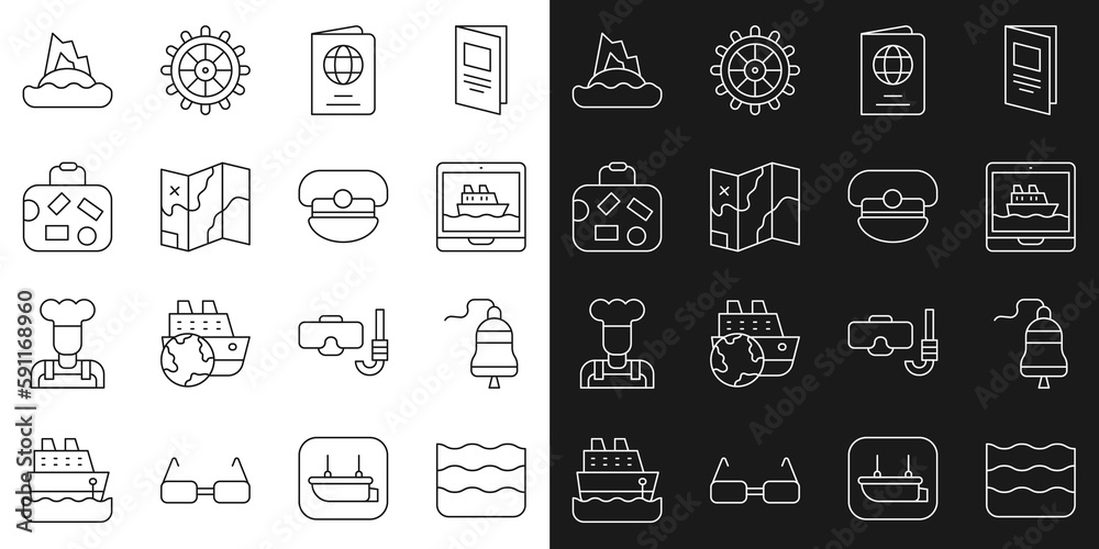 Set line Wave, Ship bell, Cruise ship, Passport, Folded map, Suitcase, Tropical island in ocean and Captain hat icon. Vector