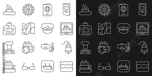 Set line Wave, Ship bell, Cruise ship, Passport, Folded map, Suitcase, Tropical island in ocean and Captain hat icon. Vector