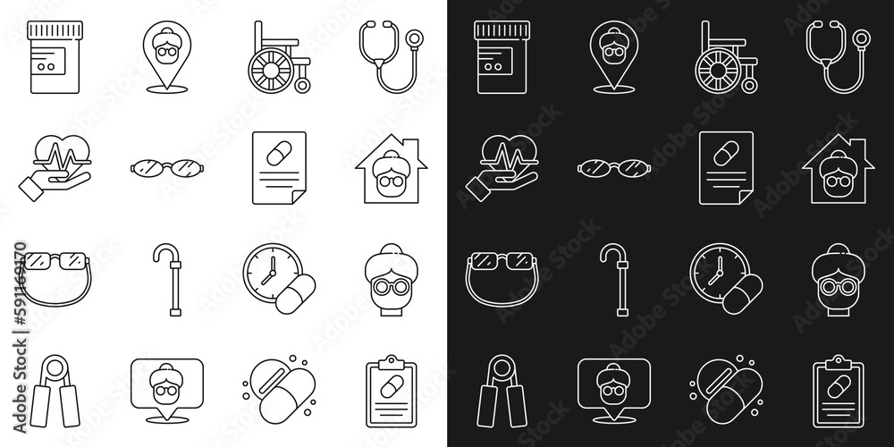 Set line Medical prescription, Grandmother, Nursing home, Wheelchair, Eyeglasses, Heart rate, Medicine bottle pills and icon. Vector