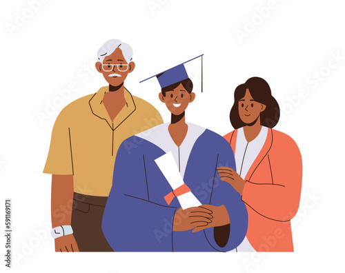 Proud happy family people and cheerful graduate son student standing together vector illustration