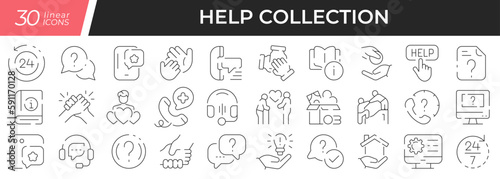 Help linear icons set. Collection of 30 icons in black