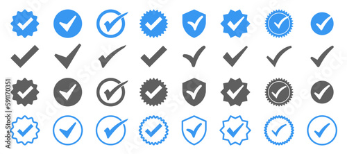 Set of blue certificate symbol. Check icon in star and shield