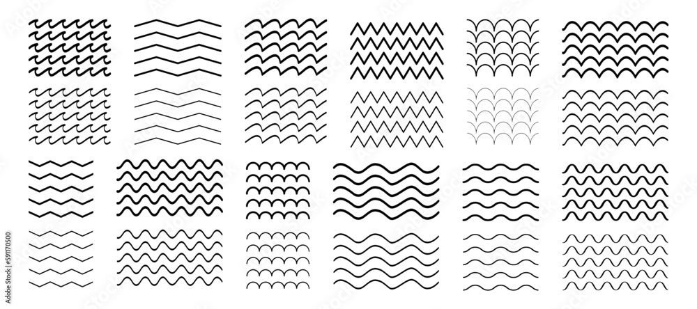 Line wave collection. Black line wave texture. Set of wave elements design