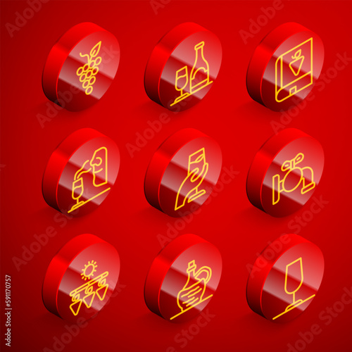 Set line Bunch of grapes, Wine bottle with glass, Book about, Sommelier, tasting, degustation, Tap for barrel, Drying and italian fiasco icon. Vector