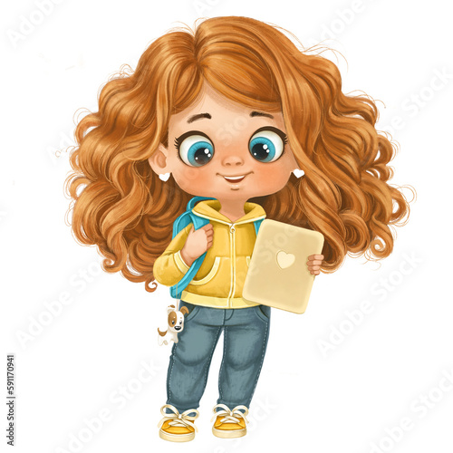 Cute cartoon curlyhaired schoolgirl with tablet on a white background