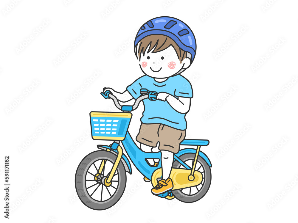 キッズ用の、水色の自転車に乗った、男の子のイラスト キッズ用の、水色の自転車に乗った、男の子のイラスト