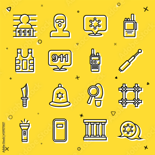 Set line Hexagram sheriff, Prison window, Telescopic baton, Telephone call 911, Bulletproof vest, Suspect criminal and Walkie talkie icon. Vector