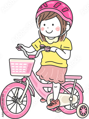 補助輪付きの、ピンク色の自転車に乗った、女の子のイラスト © R-DESIGN
