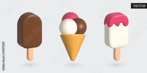 Ice cream icon 3d set. Popsicle and triple scoop in cartoon style. Milk, chocolate and vanilla ice cream cone. Collection sweets. Design elements. Vector illustration.