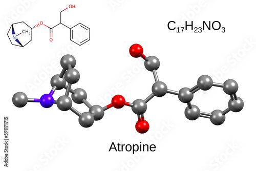 Chemical formula, skeletal formula and 3D ball-and-stick model of the antidote atropine photo