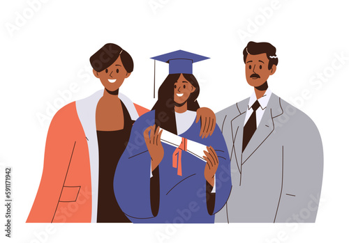 Happy female student in robe, academic hat celebrating graduation standing together with mom and dad