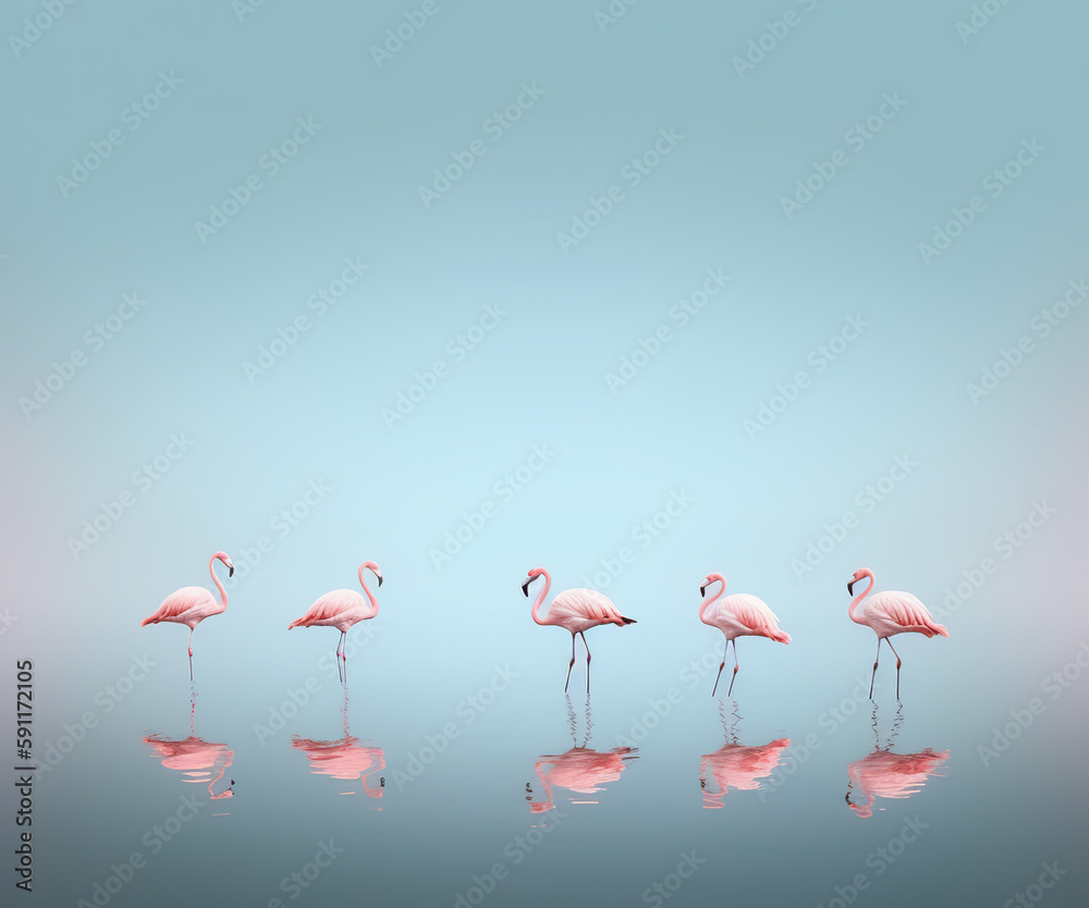Obraz premium Row of pink flamingo reflected in a lake, AI generative minimal realistic illustration
