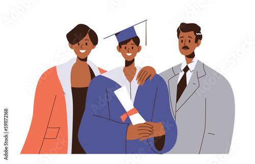 Portrait of happy parents of young graduated boy student standing together with glad smiling face