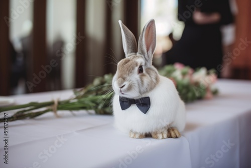 a rabbit in a bow tie at a wedding with flowers came to congratulate the bride and groom. A wedding ceremony and many people around  Generative AI