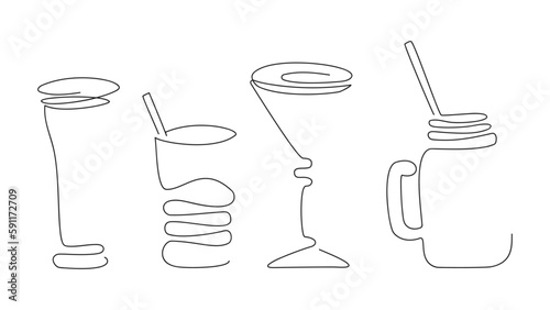 Continuous one line of drinks cocktails in silhouette. Minimalist. Continuous line drawing. Vector.