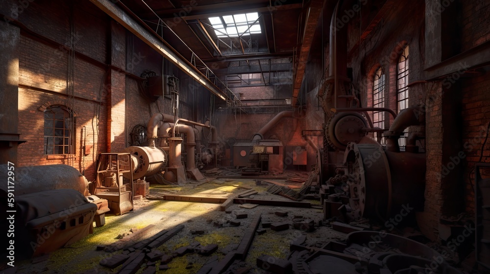 Abandoned, forgotten brick factory, old damaged factory, daylight. AI generative industrial interior.