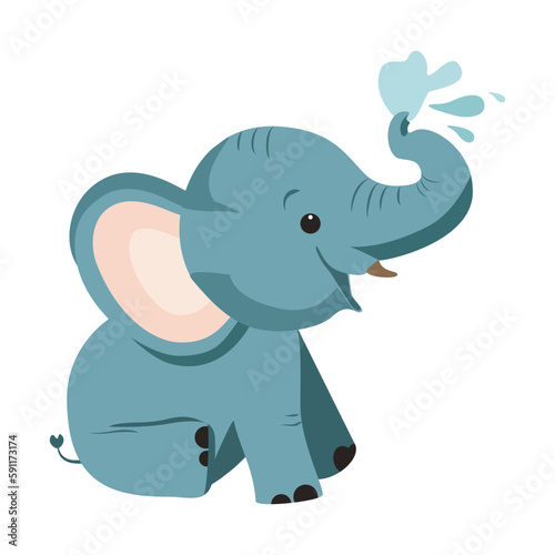 Cute cartoon elephant splashing water from his trunk. Little thick-skinned elephant playing with water. Vector. White background. 