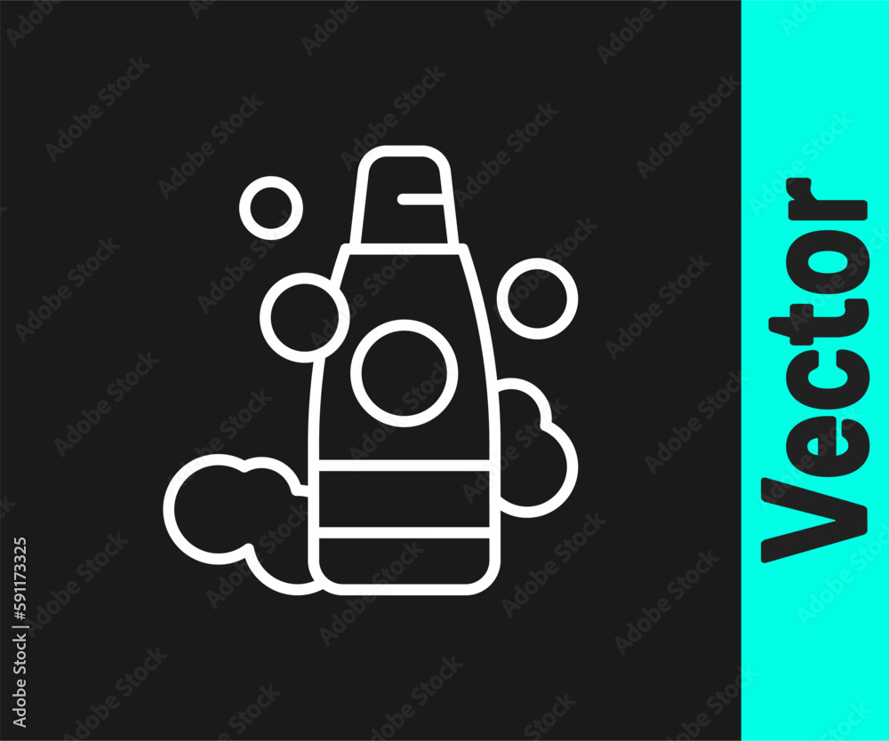 White line Bottle of shampoo icon isolated on black background. Vector White line Bottle of shampoo icon isolated on black background. Vector