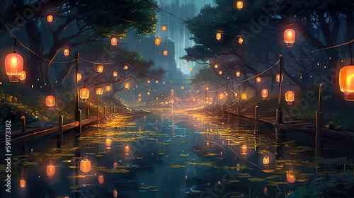 A stunning digital art piece showing paper lanterns illuminating the banks of a narrow stream in a city, with an amazing array of colors, soft light, and a wide angle view. AI generative.