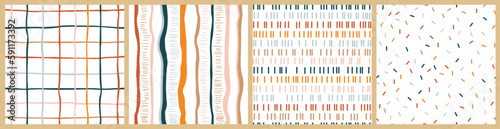 Seamless  vector pattern set with hand drawn grid and abstract mark motifs. Endless colorful backgrounds. Vector backgrounds  for textile, fabric, print with simple doodle design. 